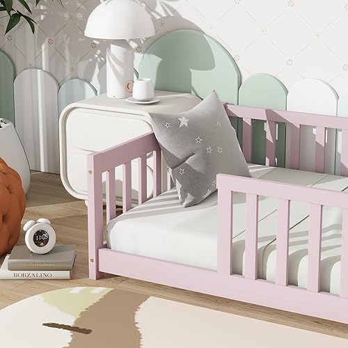 Miniatura 70 de Harper & Bright Designs Cama de suelo tamaño Queen con valla y puerta, marco de cama Montessori de madera para niños, niñas, listones incluidos, no