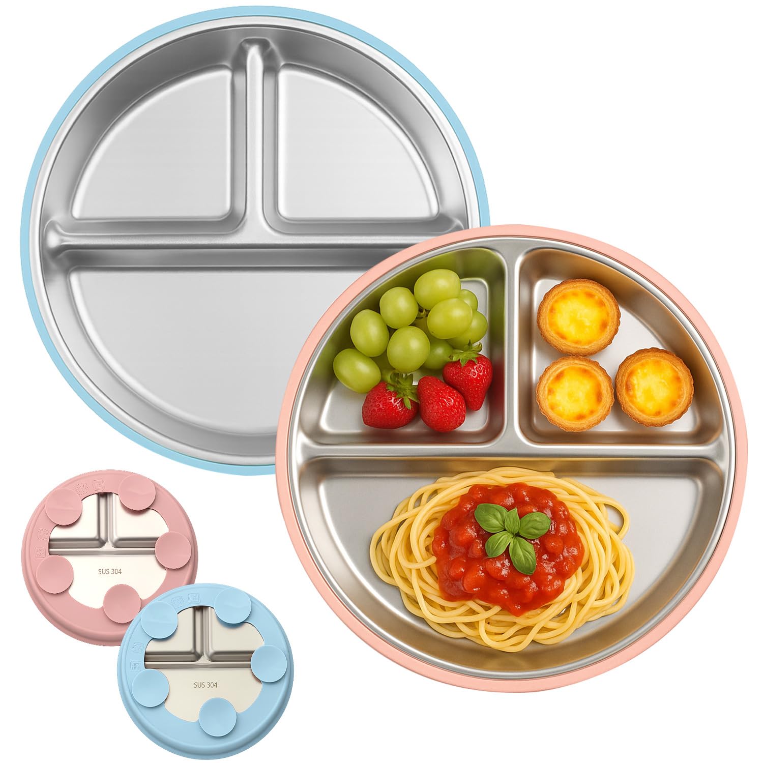 Piatto con Ventosa per Bambini, 2 Pezzi Piatti in Acciaio Inox Bambini 21CM, Piatto Svezzamento con Ventosa, Antiscivolo Piatti Divisi per Alimentazione Autonoma