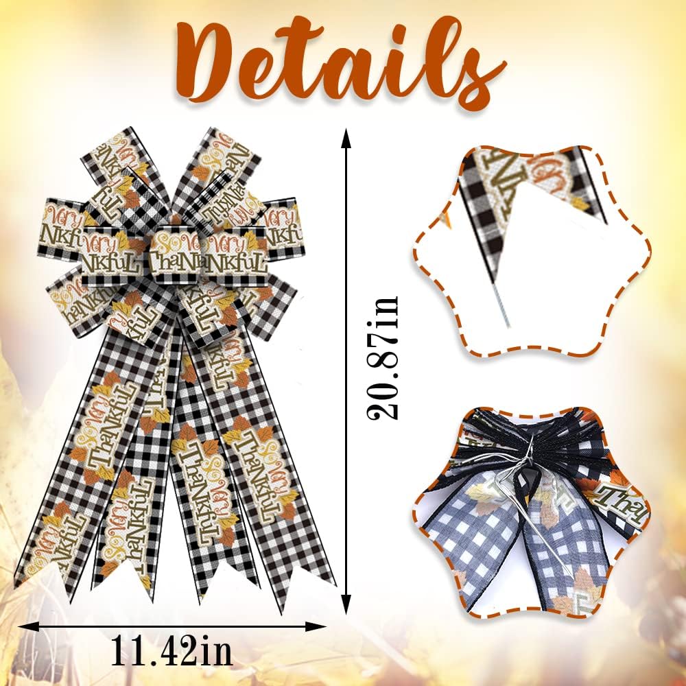 Large Thanksgiving Bows for Wreath, Black White Buffalo Plaid Wreath Bows Fall Maple Leaf Havest Bows for Front Door, Farmhouse Ornament Burlap Tree Topper Bows for Fall Indoor Outdoor Decoration Thanksful