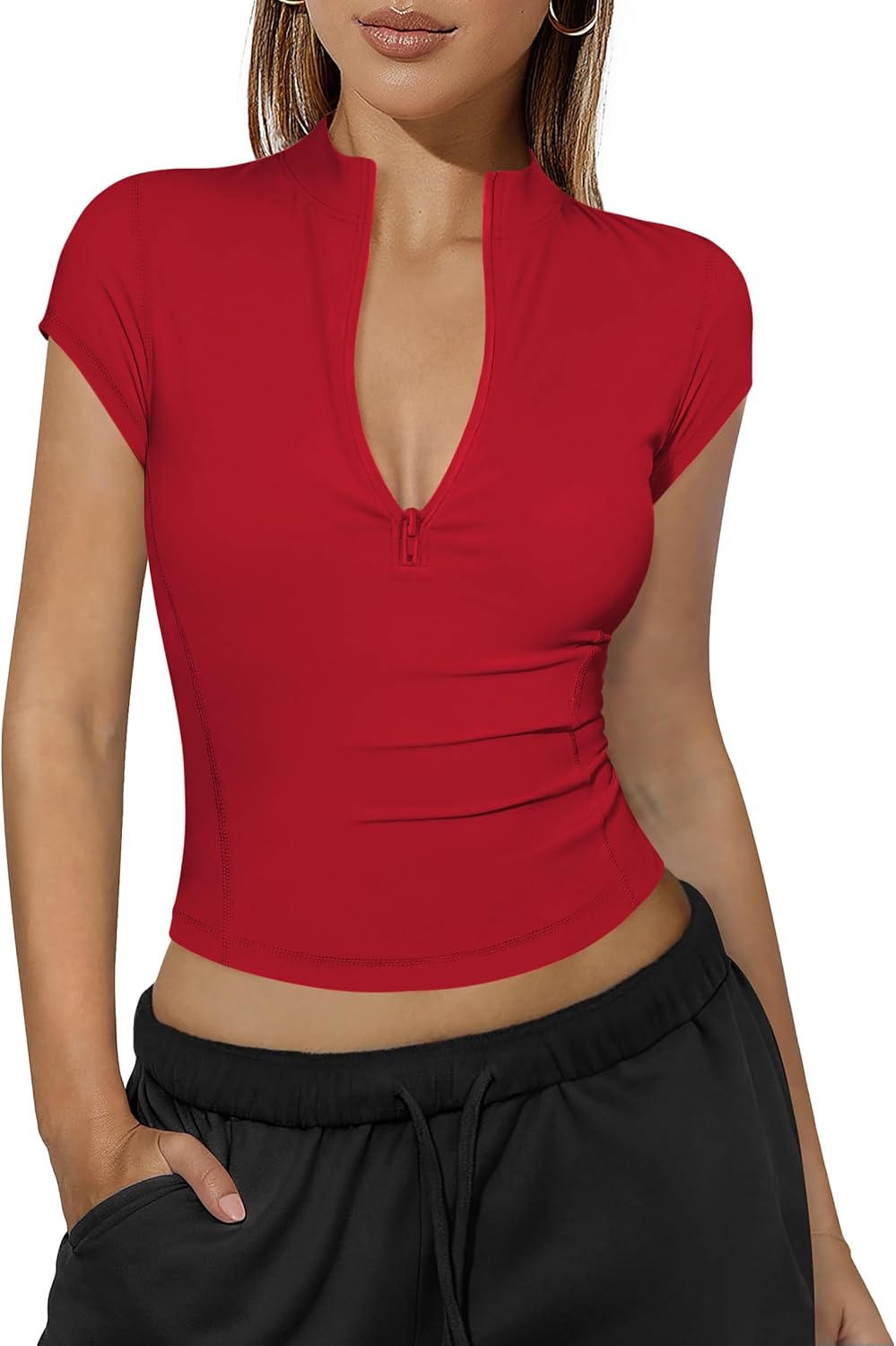 Womens Short Sleeve Workout Tops for Women Half Quarter Zip Athletic Pullover Tee Golf Shirt Slim Fit Yoga Gym Crop Top