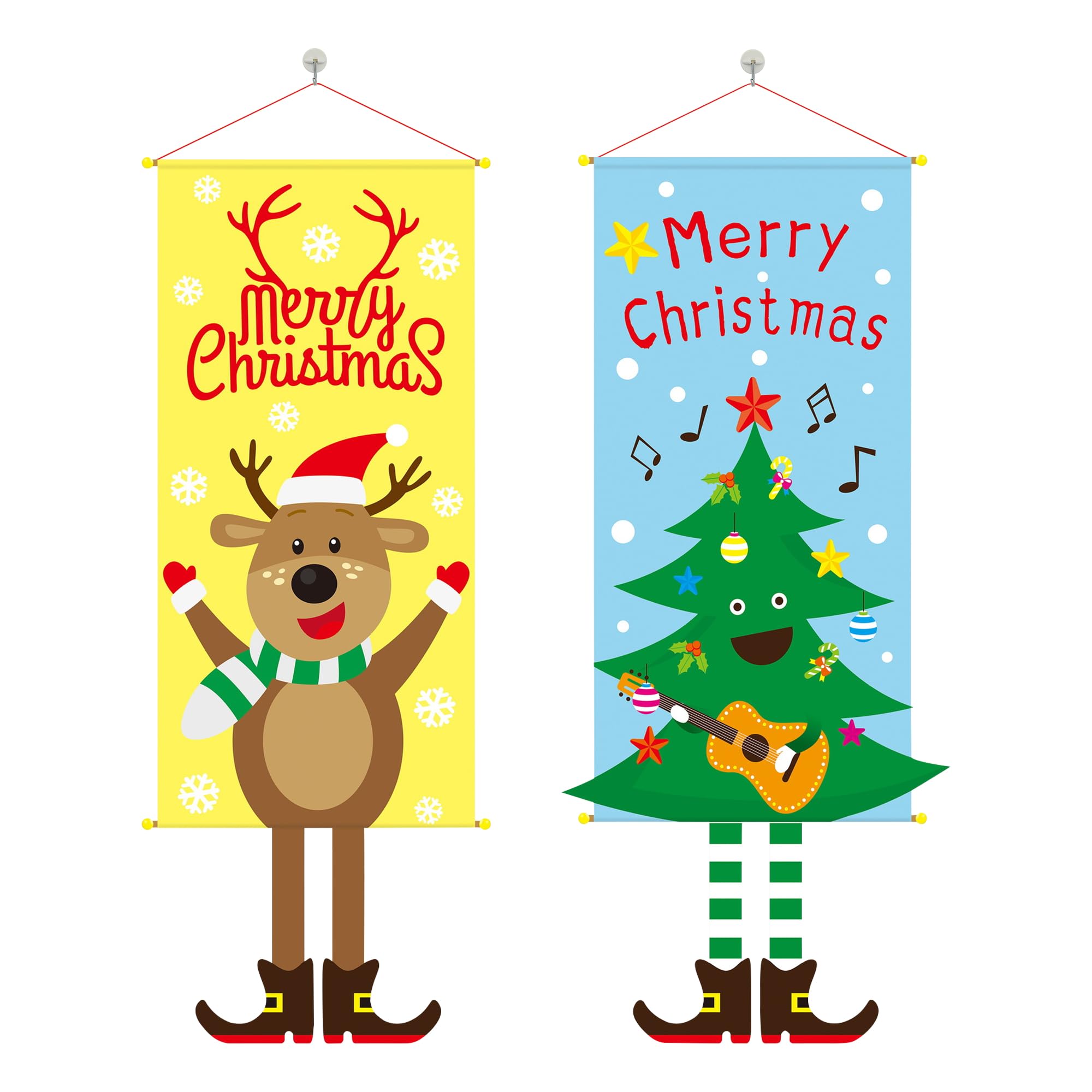Bekecidi 2 Pieces Christmas Porch Sign Hanging Banner, Snowman Santa Cloth Poster Hanging Ornament for Home Outdoor Front Door Wall Christmas Party Decoration (Elk+Christmas Tree)