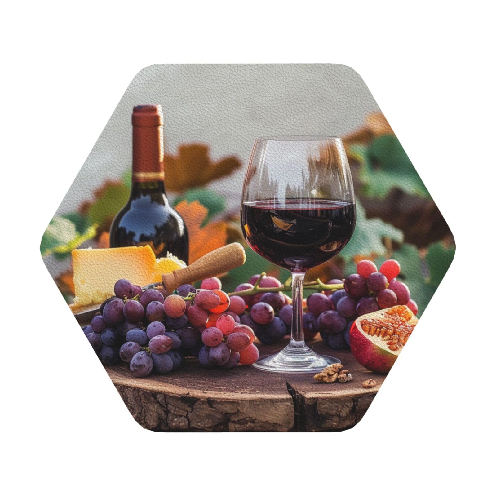 Red Wine Galsses & Grapes with Wooden Print Leather Coaster Set of 6, Hexagon Coasters Table Decorative Coffee Cup Beverage Coasters Wine Beer Bar Coasters for Hot Drinks Table Protection