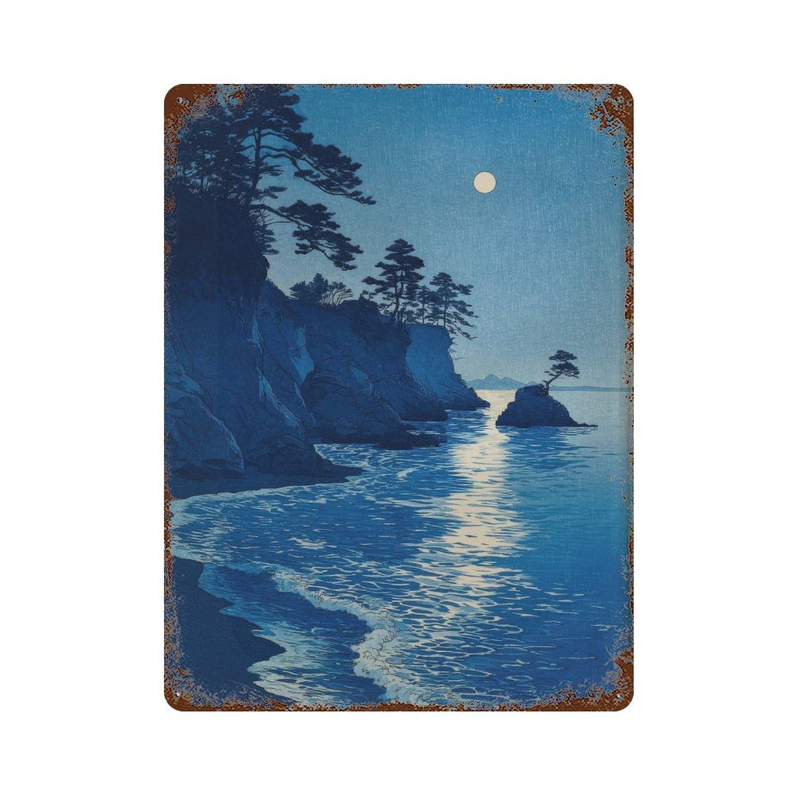 xiaoxiaoshen Moonlit Coastal Landscape. Shin Wall Decor Art Metal Tin Poster Modern Home Decor Art Home Bar Shop Decorations Vintage Sign 40x30cm