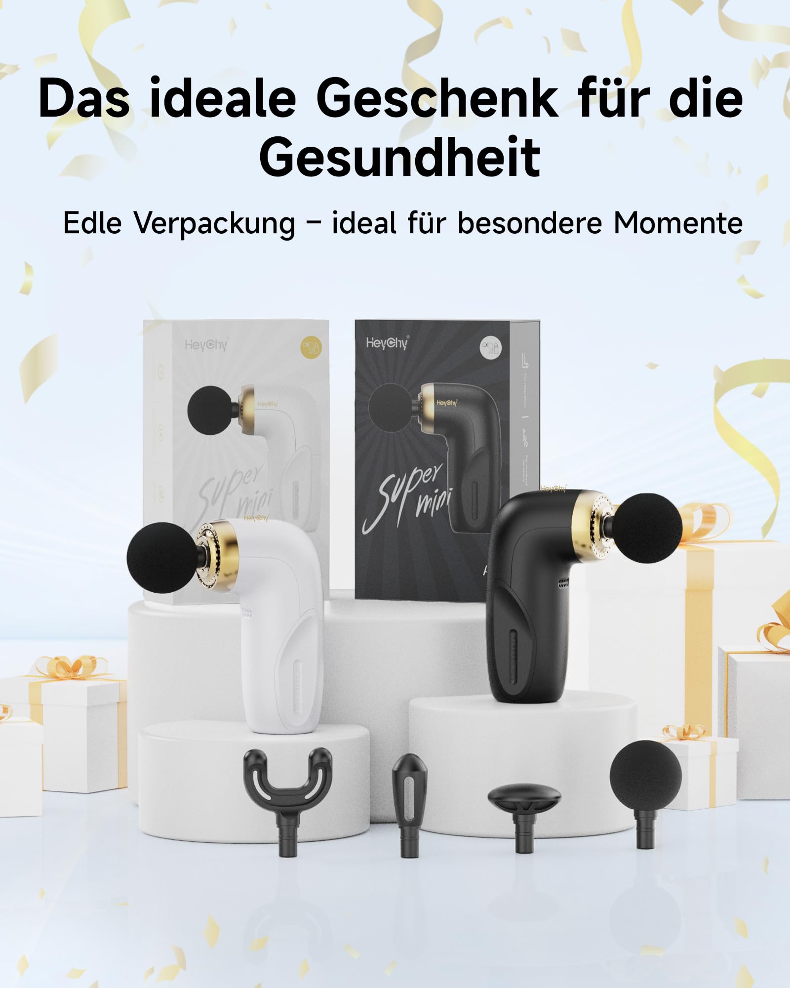 HEYCHY A1 Super Mini Massagepistole, 0,27 kg, 4 Silikonaufsätzen, Schwarz | Tiefengewebe Massage Gun mit 7 mm Amplitude, bis 3000 U/min, USB-C und Akku, für Sport, Büro und Reisen