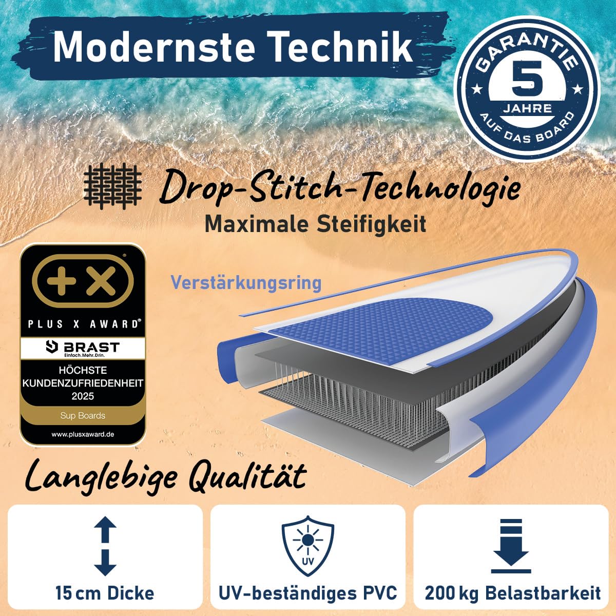 BRAST SUP Board Wood | Aufblasbares Stand up Paddle Set | 320x81x15cm | 2 Designs | 5 Jahre Garantie | inkl. Sonderzubehör | 2in1 Paddel Kajak-Sitz Action-Cam-Halterung Fußschlaufe