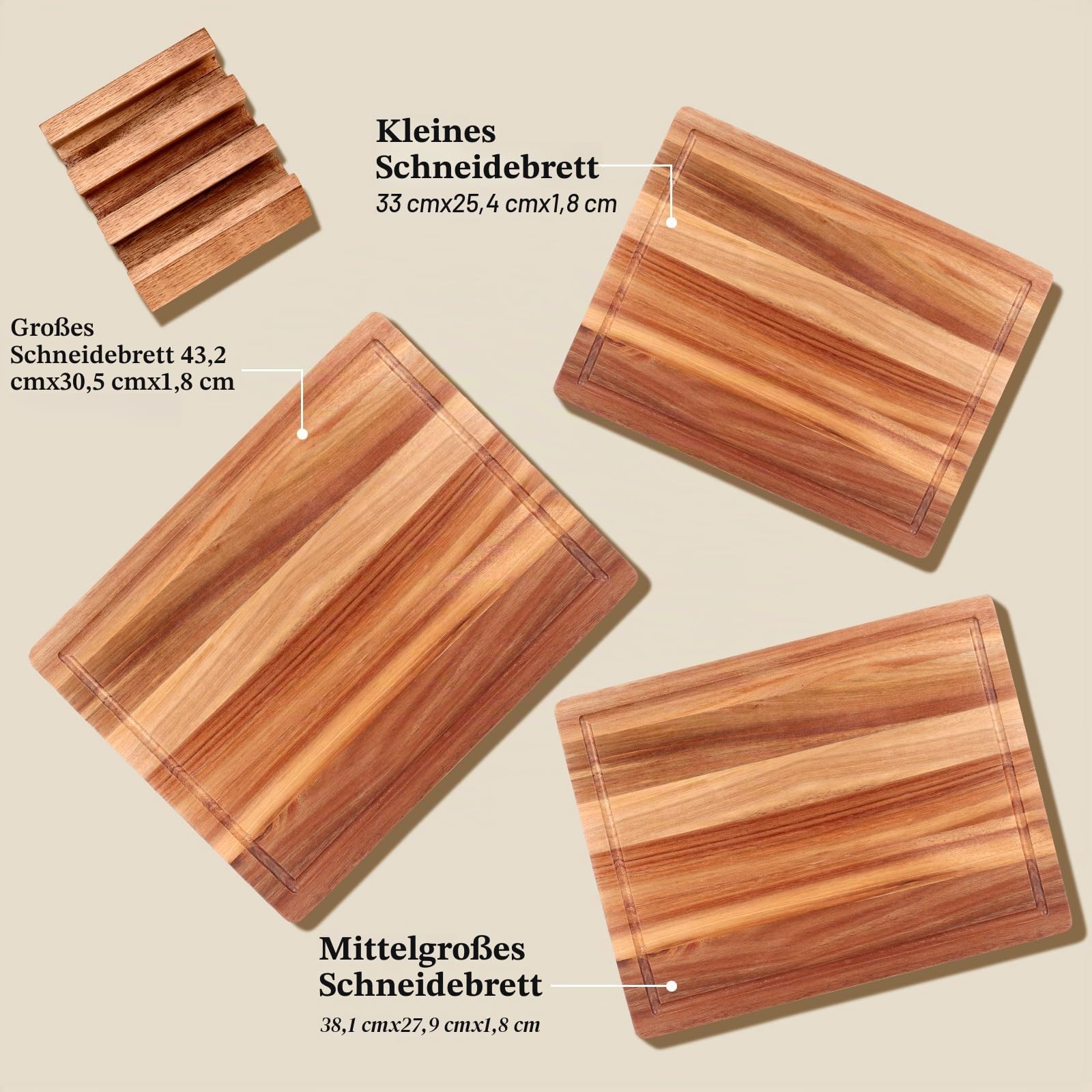 Extra großes Schneidebrett aus Akazienholz, 3er-Set, Schneidebrett aus Holz, mit Halter, Obstschneidebretter, Charcuteriebretter für Küche, Brot, Käse, Servierbrett, Fleisch, Schneidebrett