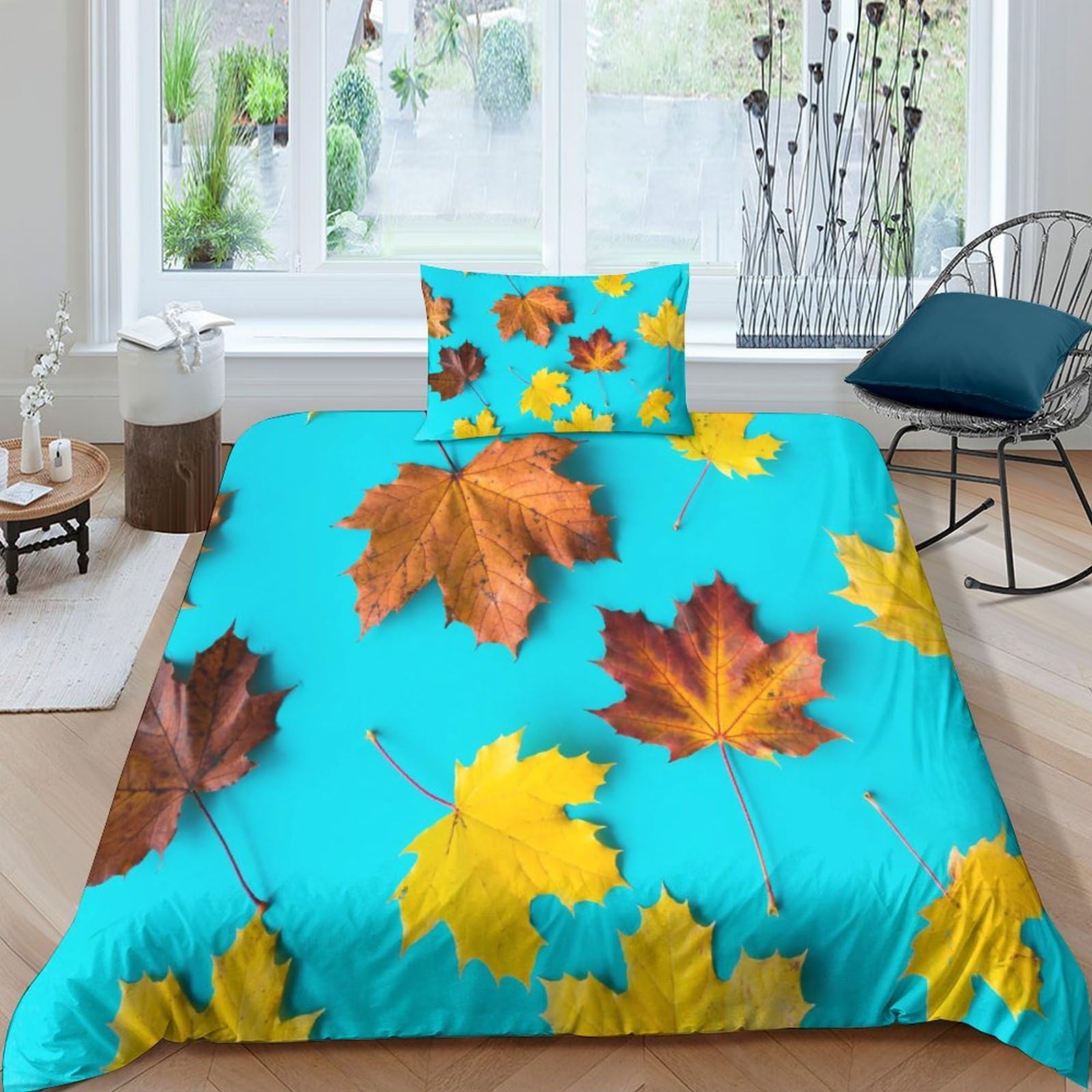 Housses de couettes IOFEER parure 3 pièces imprimé bleu en microfibre pour lit single 135x200cm