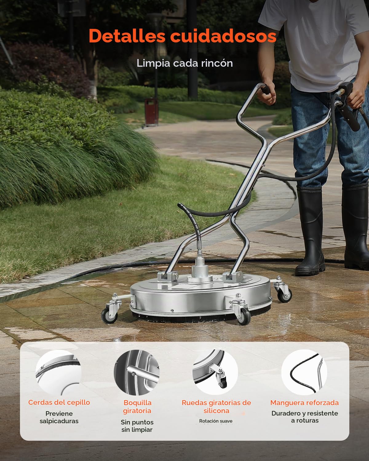 VEVOR Limpiador de Superficies con Hidrolavadora, Acero Inoxidable, 4 Ruedas, Forma Redondo, 27,58 Mpa máx., 2 Boquillas Rociadoras, Mango Doble, para Concreto, Patio, Acera, 558 x 558 x 1500 mm
