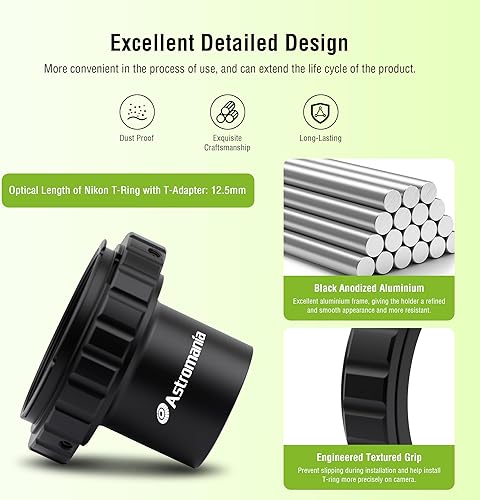 Miniatura 2 de Astromania Anillo en T T2 y adaptador de cámara para telescopio de montaje en T M42, anillo en T para cámara Nikon SLRDSLR con adaptador F-Bayoneta