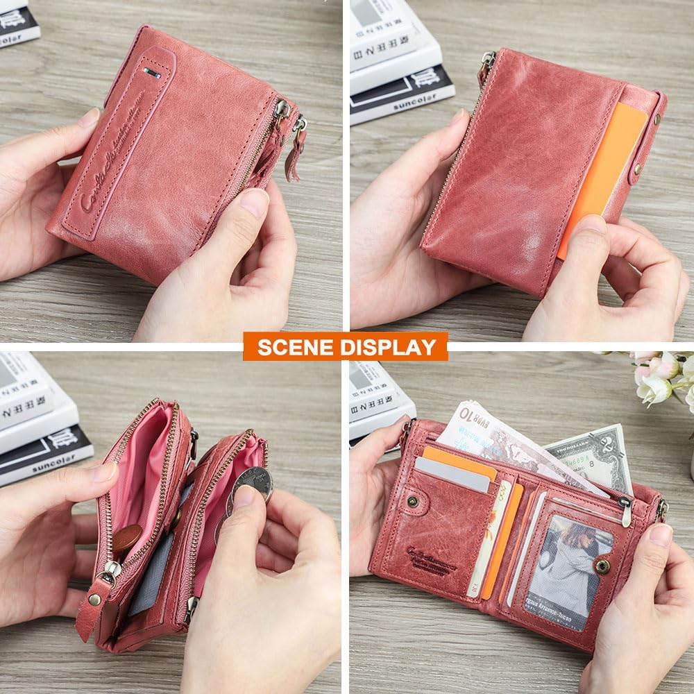 CONTACTS Soft Leather Wallet for Women Small Bifold Coin Purse Double Zipper Card Holder with RFID Blocking (Rose Tan) - Image 7