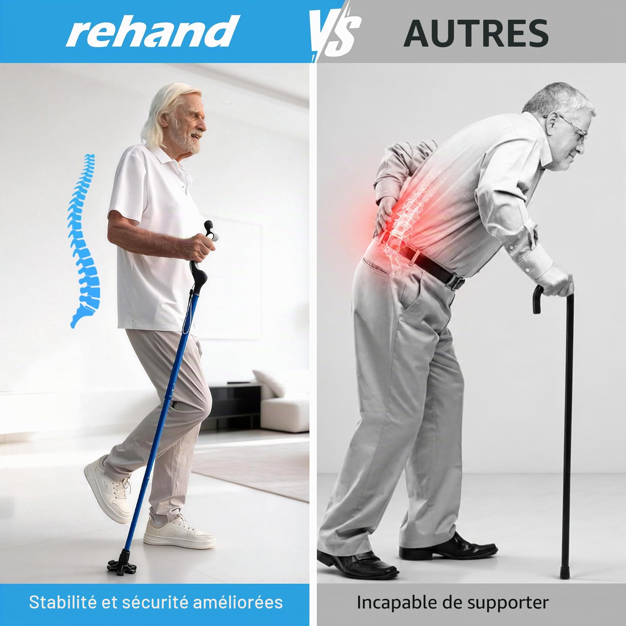 REHAND Canne de Marche Réglable pour Seniors et Adultes – Poignée Ergonomique Antidérapante, 10 Réglages de Hauteur (101–124 cm), Supporte Jusqu’à 159 kg