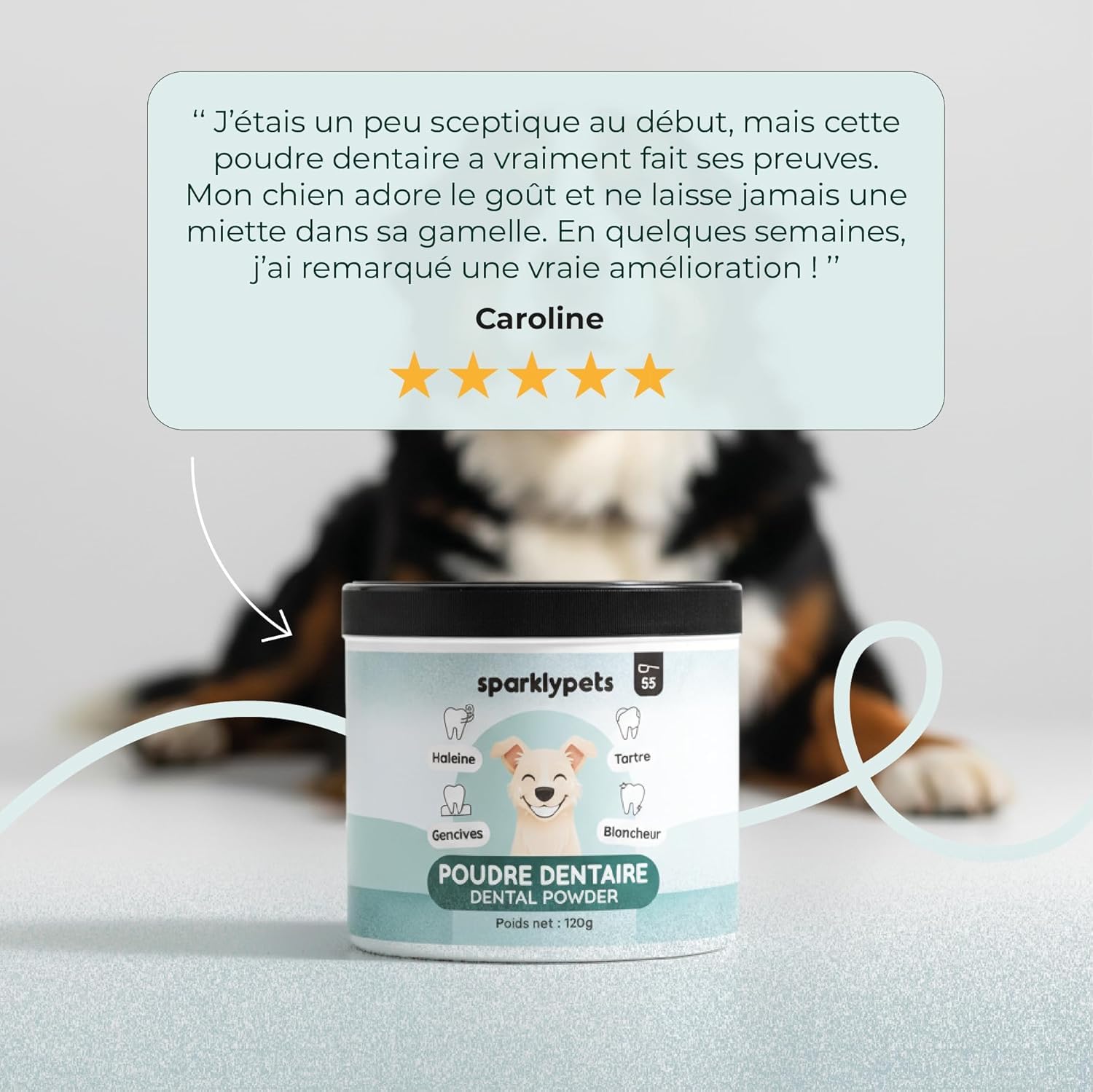 SparklyPets - Poudre Dentaire pour Chien - Nettoyant Anti-Tartre et Plaque, Blancheur Dentaire, Mauvaise Haleine, Gencives - Eucalyptus, Prébiotiques - Marque Française - 120g (55 Cuillères)