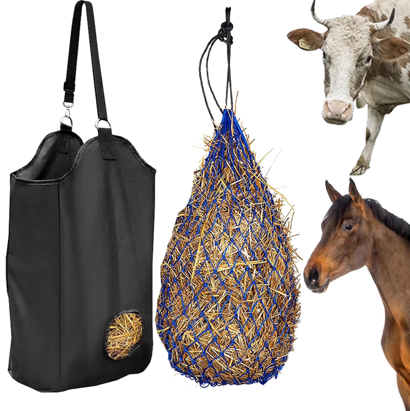 Blue & Black Horse Hay Nets Set-2 Pack 40"Length with 2"Hole Haynet and Large 600D Oxford Hay Bag,Slow Feed Bag Hay Nets for Horses,Sheeps,Cows-Feeding Supplies