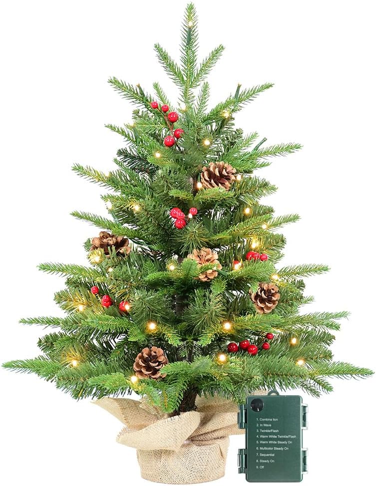 Kadunmina 2ft Pre-lit Table Top Christmas Tree, Small Artificial Xmas Tree with 50 LED Lights/177 PE&PVC Tips/Berries&Pinecones, 24 Inch Mini Tree with Burlap Base for Holiday Indoor Decor, 8 Modes