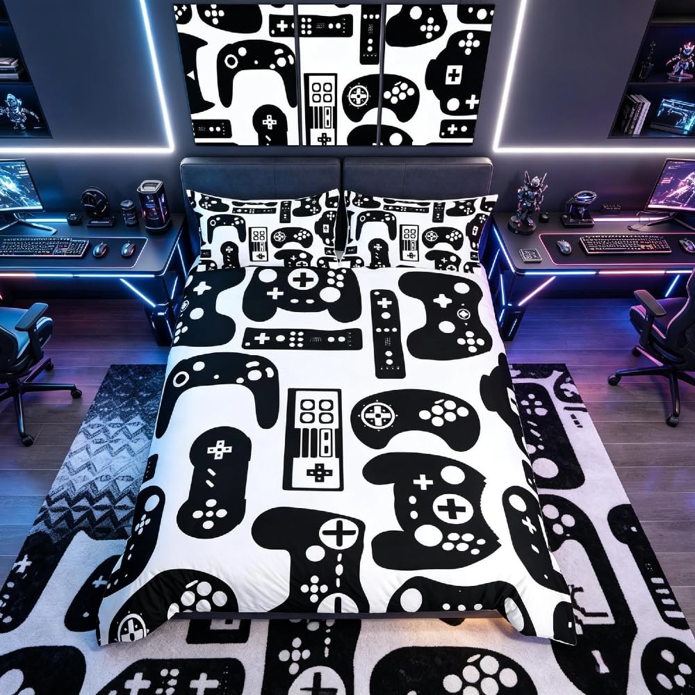 Loussiesd Kids Game Room Decor Bedding King,Boys Man Gamer Duvet Cover,Child Gamepad Comforter Cover Girls Pixel Vintage Videogame Controller Design,Bedroom with 2 Pillow Shams Buttons,Black White — image 1