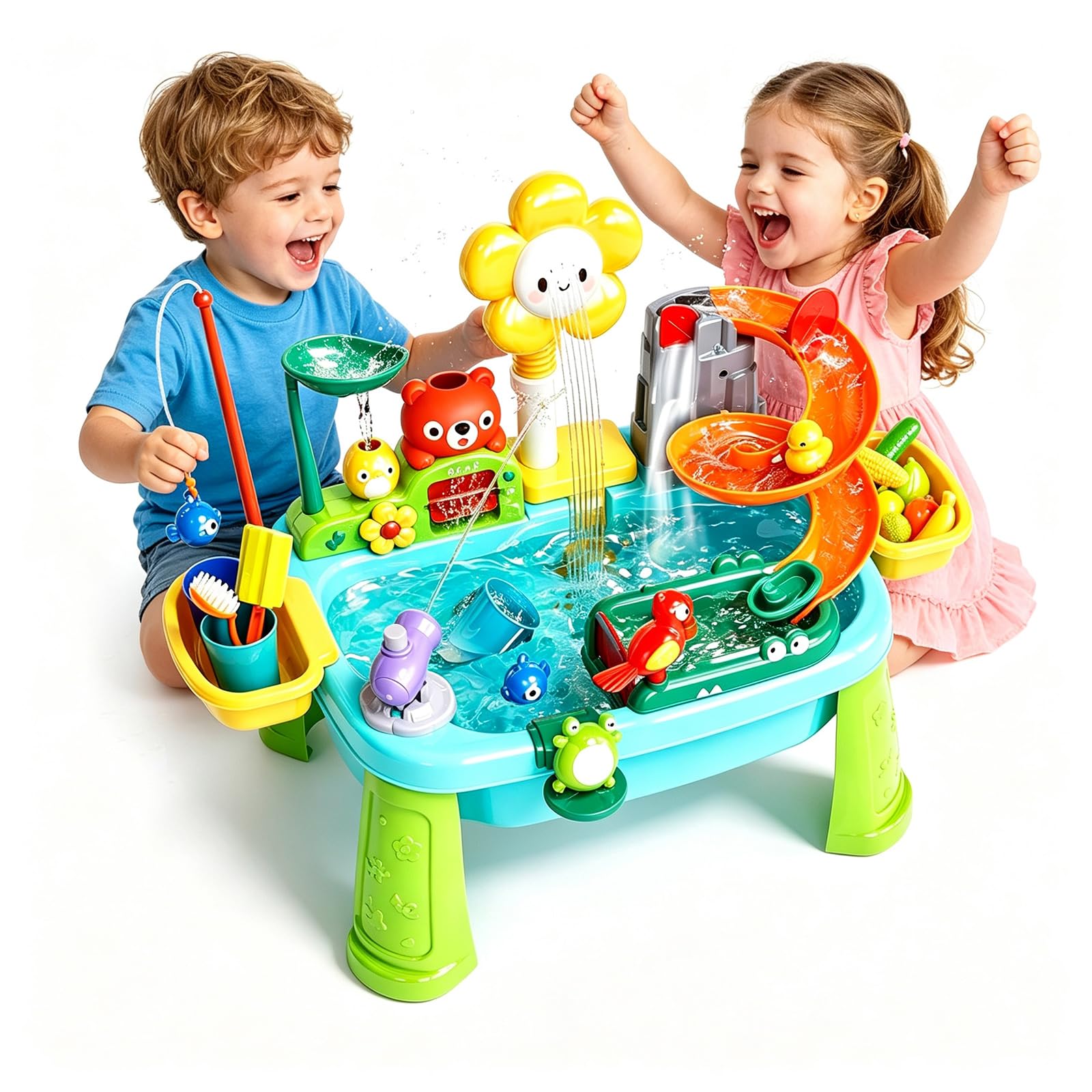 Kids Water table, Electronic Play Sink with Running Water, Simulation Dishwasher Toys, 180° Rotating Faucet, Pretend Play Kitchen Sink & Summer Water Toys for Boys Girls Ages 1-4(Blue) — image 1