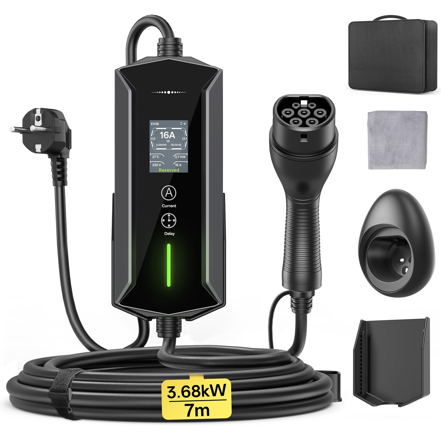 Typ 2 Ladekabel Schuko 3,68kW - 7m|6-16A|1-phasig Tragbare EV Ladegerät IP65 Wasserdicht mit LCD-Anzeige, Einstellbarer Ladeleistung, Einstellung Startzeit VoltBox ev Charger Holder Zubehör