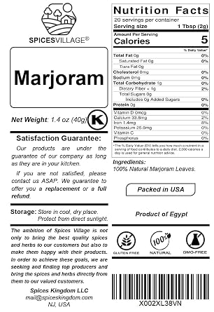 SPICES VILLAGE Dried Marjoram, Marjoram Spice, 1.4 oz, All Natural Fresh Mediterranean Spice, Herbal Tea - Kosher, Gluten Free, Vegan, Non GMO, Resealable Bulk Bag