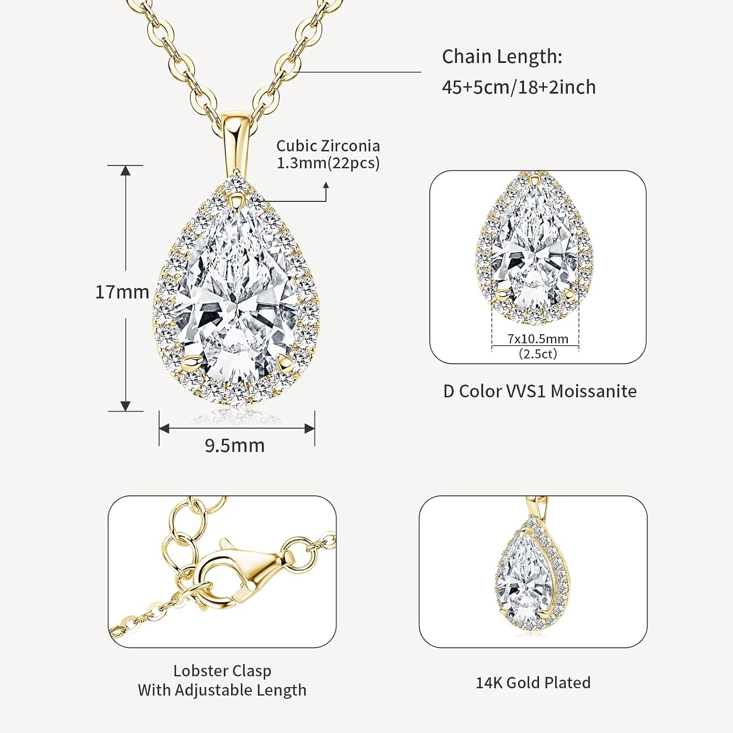 2.5CT Pear Moissanite Pendant Necklace for Women | 7x10.5mm D Color Pear Cut Moissanite, 14K Gold Plated Dainty Pendant Luxury for Wife, Mom Birthday Gifts