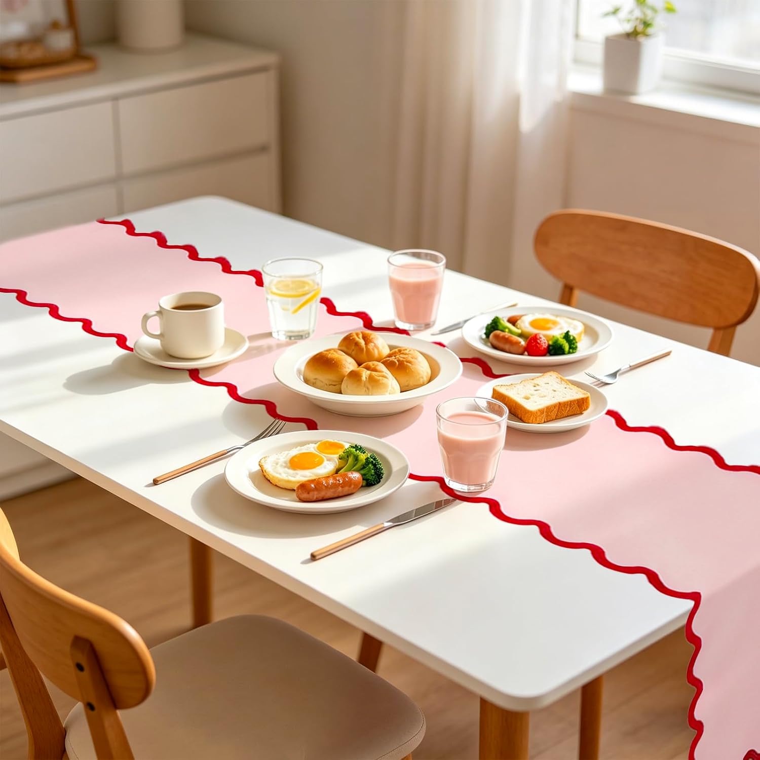 AnyDesign Scalloped Edge Table Runner Elegant Red Pink Table Cover Decoration for Holiday Wedding Birthday Party Home Kitchen Dining, 15 x 69.3 Inch