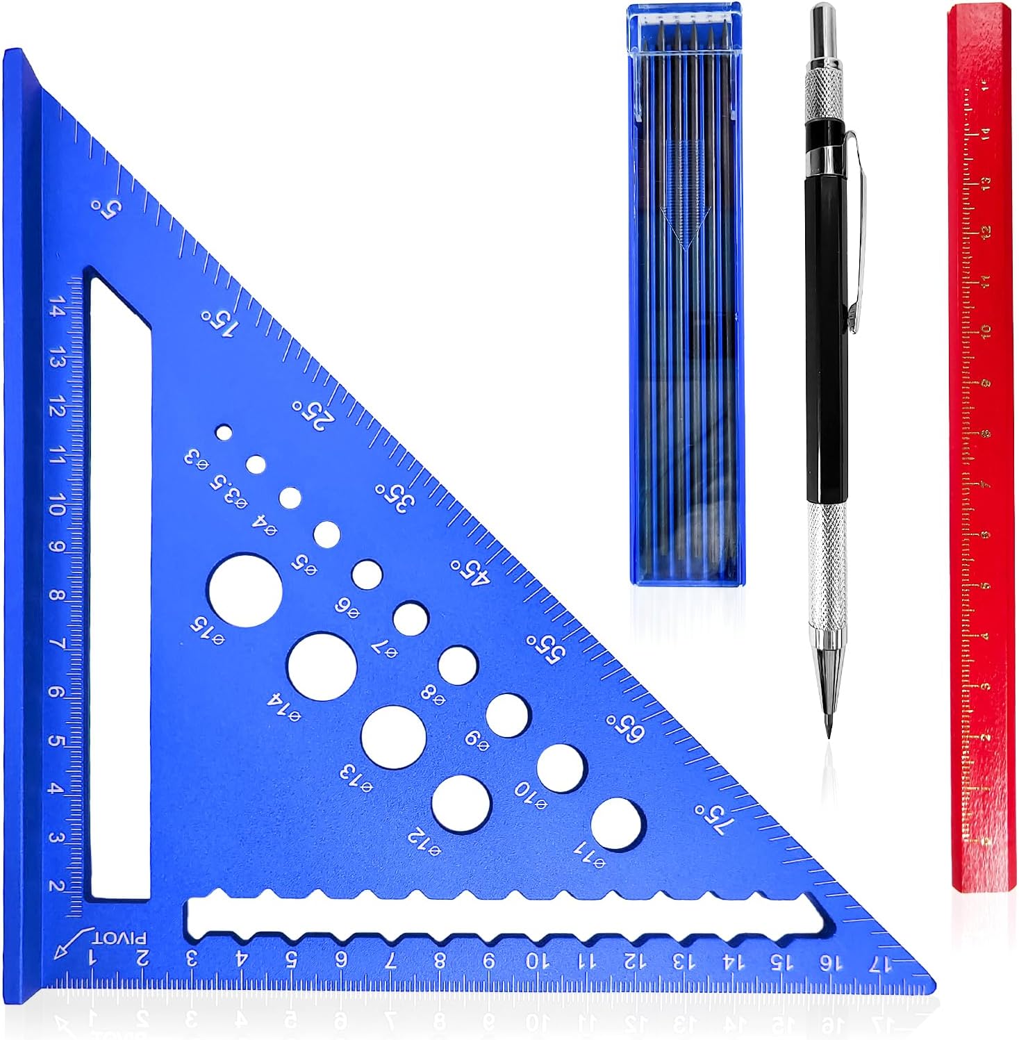 7 inch Speed Square Metric with 14 Types of Drill Holes,Triangle Ruler,Aluminum Alloy Carpenters Measuring Square,Carpentry Tools and Equipment (Blue)