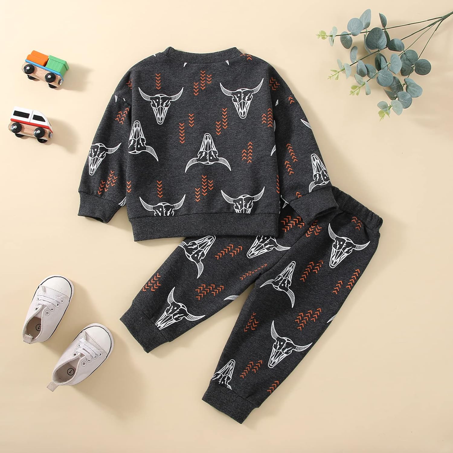 Baby Boy Clothes Cow Print Long Sleeve Crewneck Sweatshirt Top Long Jogger Pants Fall Winter Western Cowboy Outfit