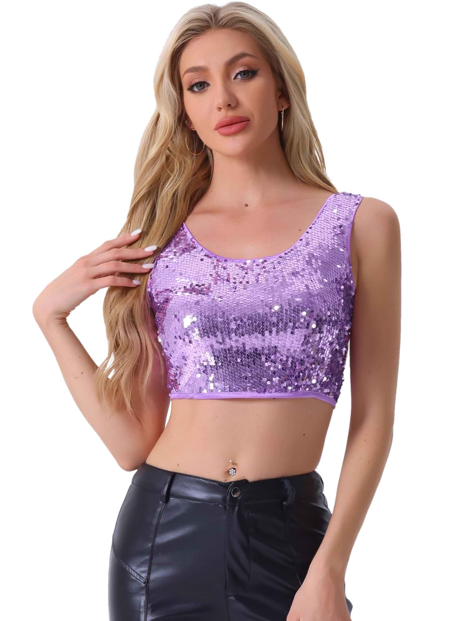 Allegra K Women's Sequin Tops Metallic Sparkle Glitter Sleeveless Camisole Tank Top Party Club Crop Tops Sleeveless