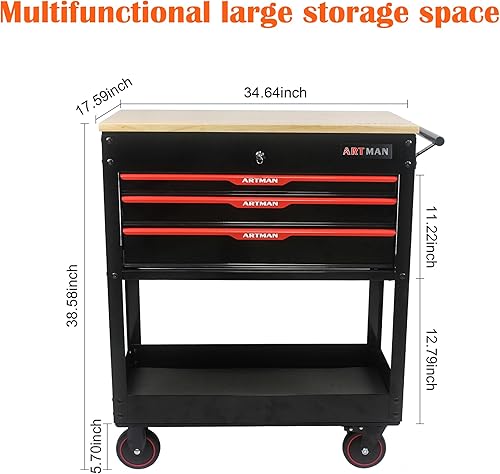 Miniatura 2 de nifoti Carrito de herramientas de 3 cajones con ruedas, caja de almacenamiento de herramientas con parte superior de madera, caja de herramientas