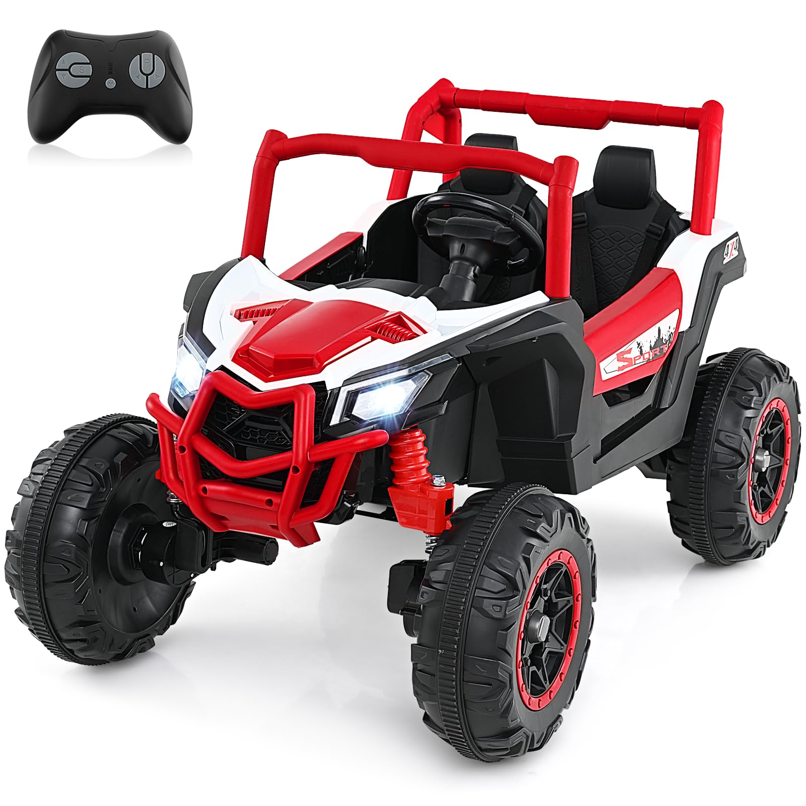 GYMAX 2-Seater Kids Electric UTV, 24V Battery Powered Toy Car with Remote Control, Lights, Music, MP3, Horn, Spring Suspension & Slow Start, Children Ride on Car for 3 Years Old+ (Red)