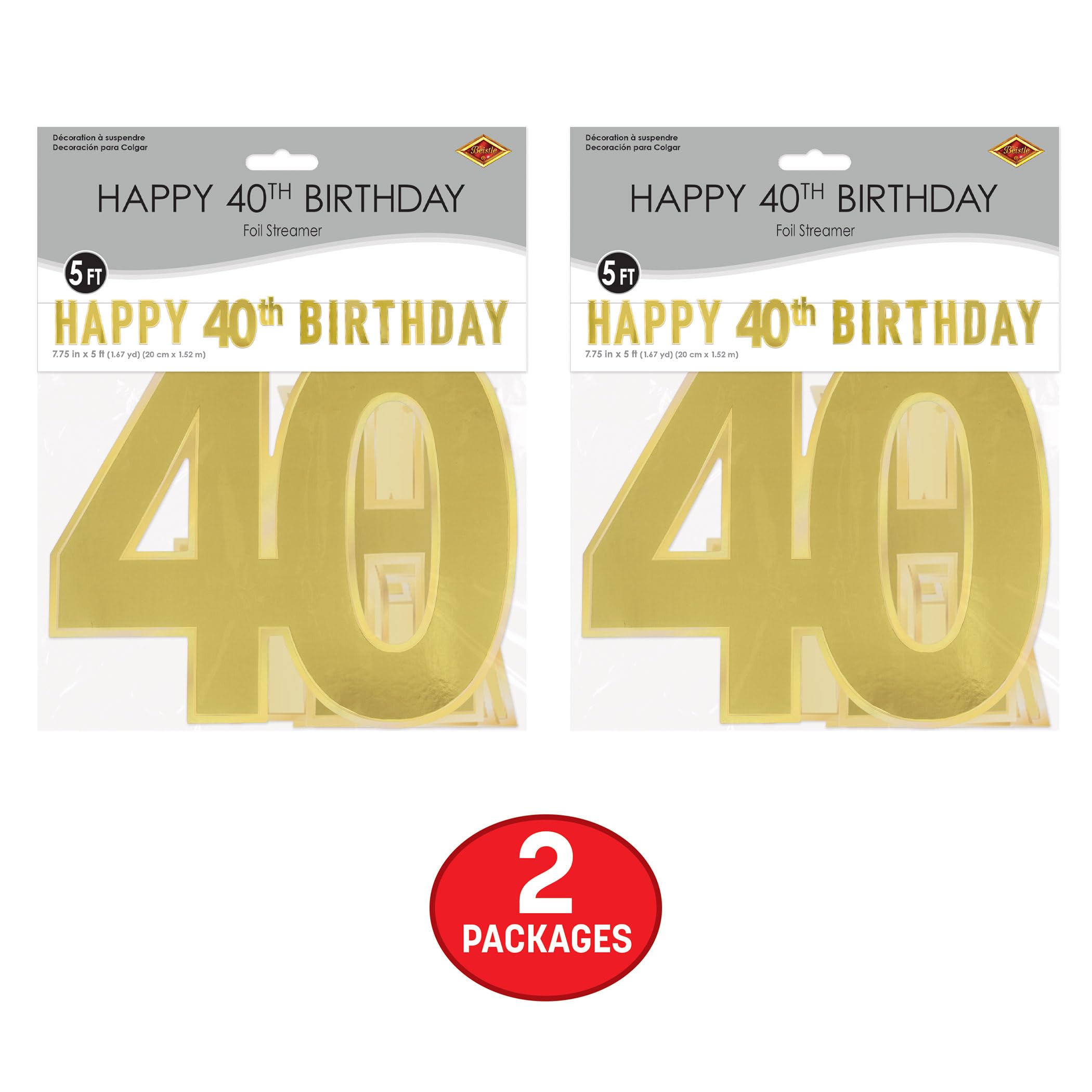 Beistle 53942-40 2-teiliges Folien-Kartonpapier Happy 40th Birthday Partybanner zum Aufhängen, Papier, gold