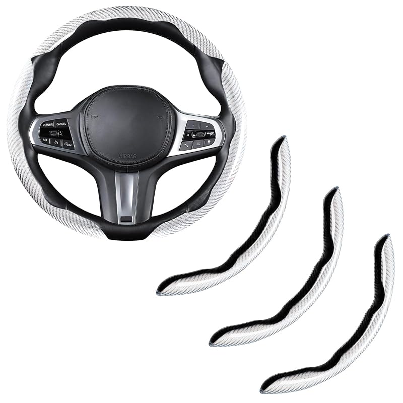 Capa para Volante em Fibra de Carbono Branca com Acabamento Brilhante para Volantes Redondos de 36,8 a 38,1 cm Aotoyou, Kit com 3 peças