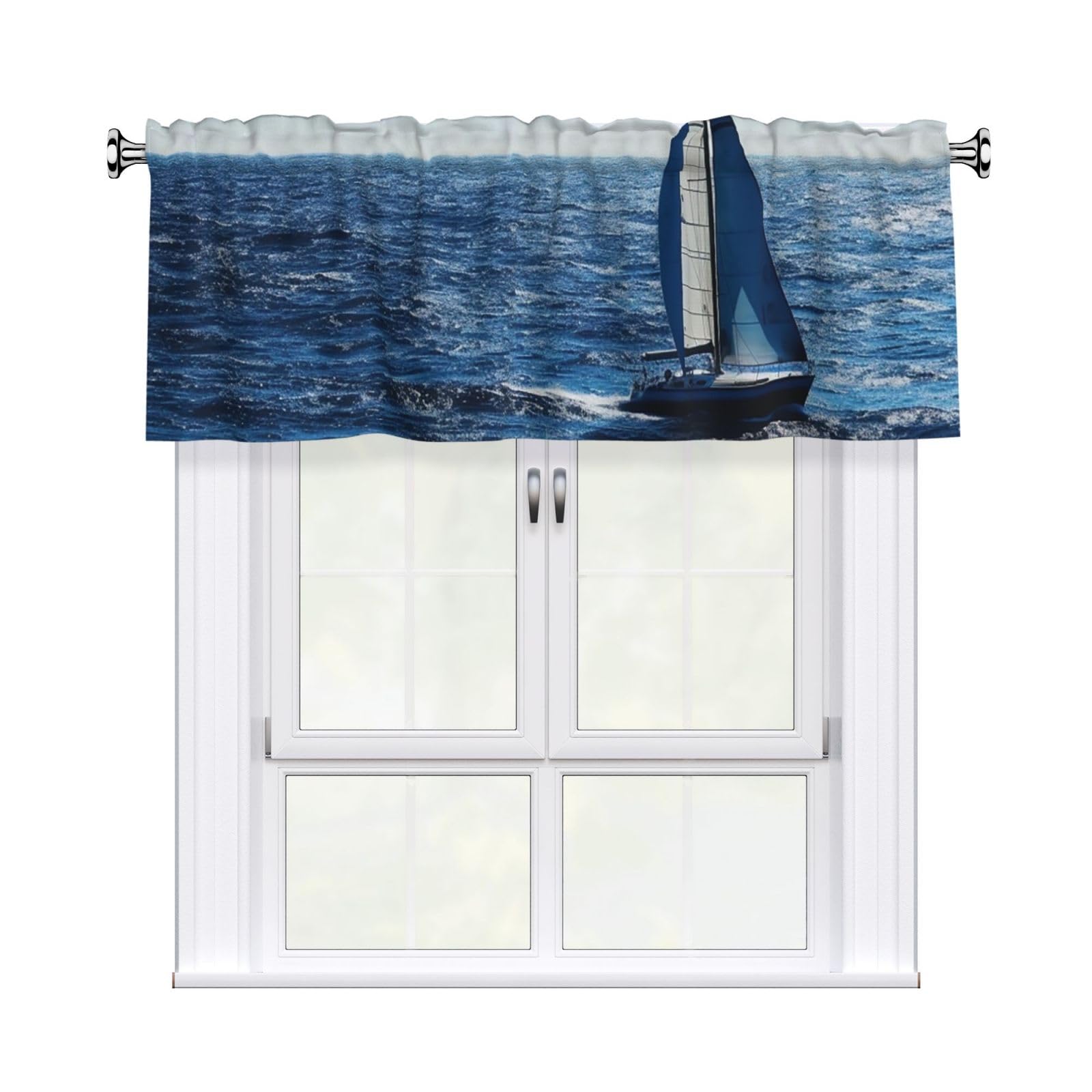 Anceky Blue Sea Sailboat Curtains Valances for Kitchen Windows 54x18 Inch Rod Pocket Window Valance Treatments Half Short Curtain for Bathroom Living Room Decor 1 Panel