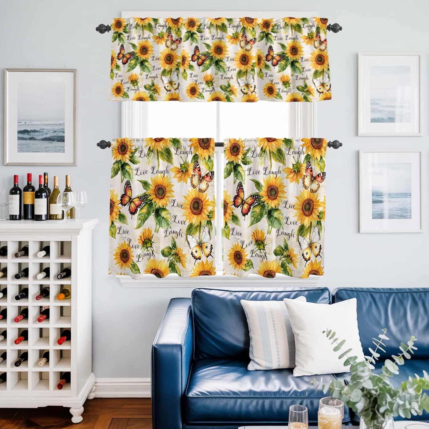 Sunflower Kitchen Curtains Set, Tier Curtain 24 Inches Length, Summer Botanical Vintage Spring Floral Butterfly Window Treatment Valance and Tiers Set Decor for Living Room/Bedroom