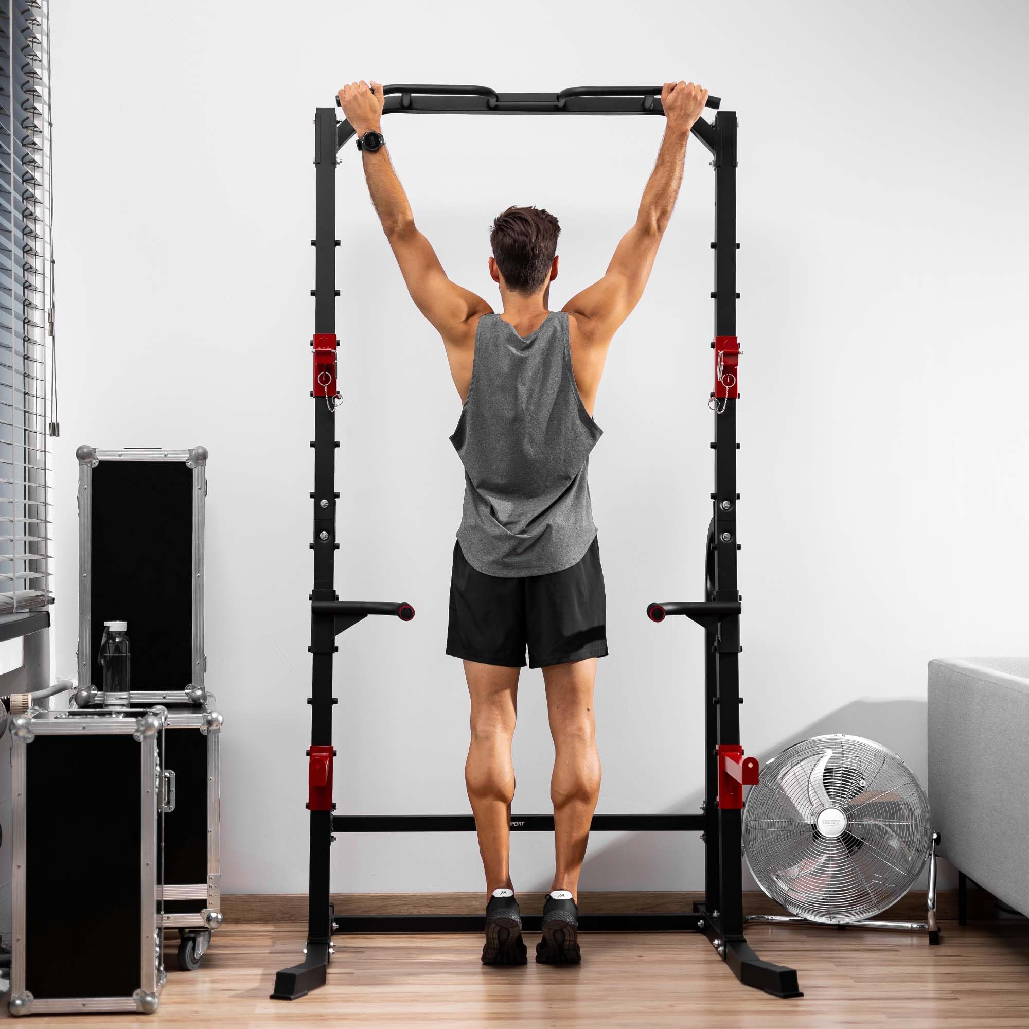 HOP-Sport® Chaise Romaine HS-1014K, Station de Musculation pour Les dips et Les Pompes avec Double sécurité pour la Barre, Squat Rack, Power Tower avec Station à Dips et Barre de Traction sur Pied