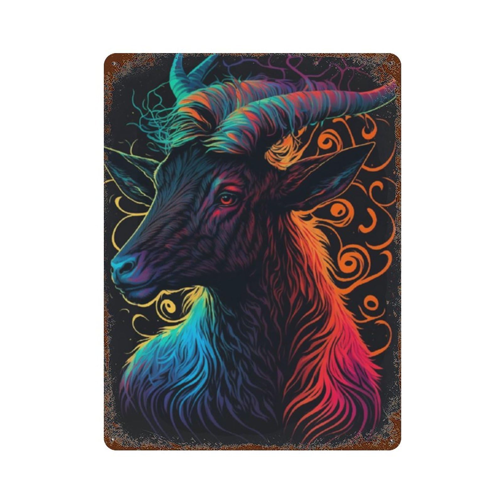 Colorful Goat Wall Art Print Rust Effect Tin Sign 15.7"x11.8", Vintage Wall Decor for Bistro, Counter And Cafe Decor