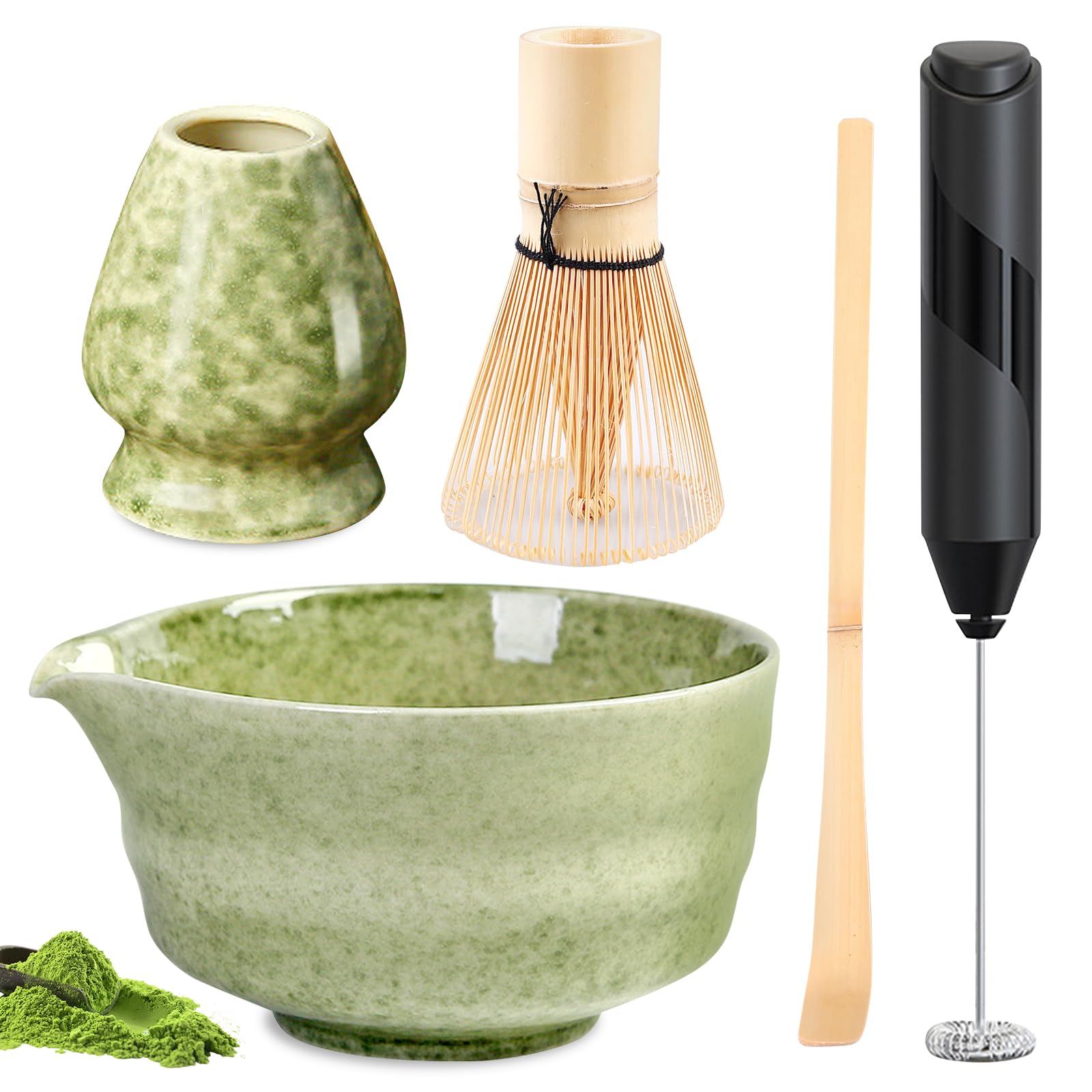 PORFOYO Matcha Set mit Elektrische Milchaufschäumer, 5 - teiliges Macha Tea Set, Matcha Tee Set, Matcha Besen Set, Enthält Matcha Schale, Matcha Bambus-Teebesen, Bambusschaufel, Schneebesenständer