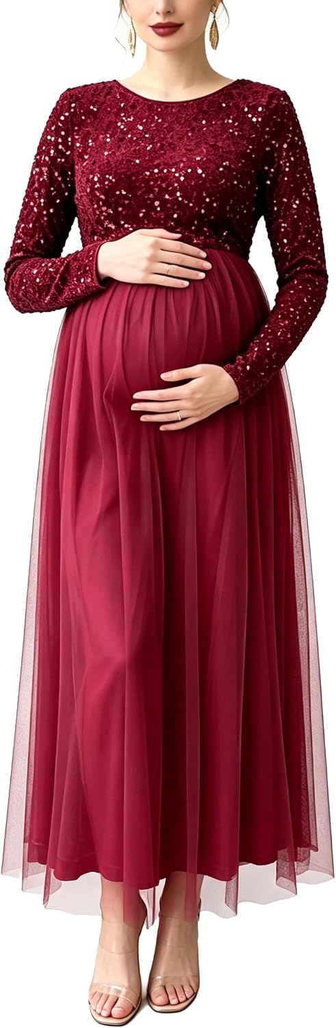 Sequin Long Sleeve Maternity Gown Flowy Tulle Maxi Dress