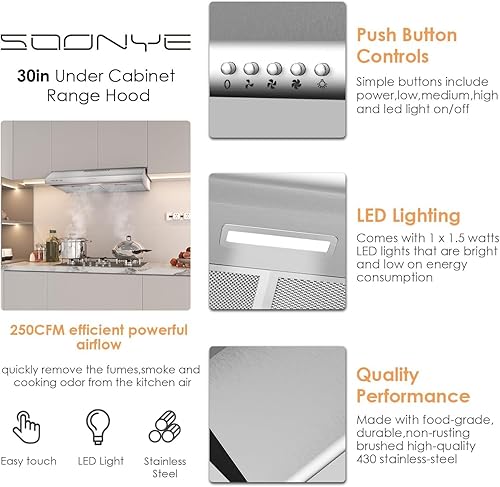 Miniatura 4 de Campana extractora de acero inoxidable de 30 pulgadas para debajo del gabinete, campana de ventilación delgada de cocina con conductossin conductos