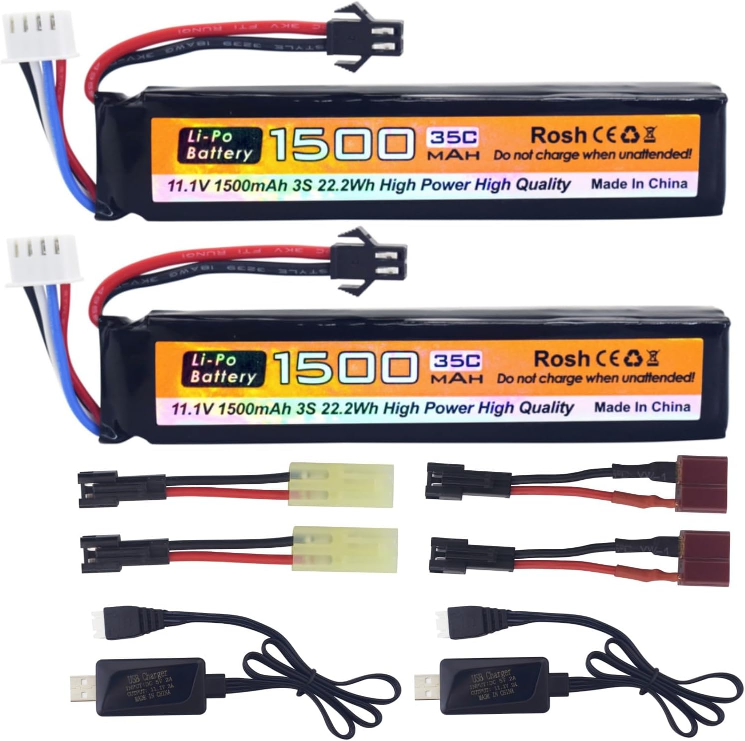 Fytoo 2PCS 11.1V 35C 1500mAh SM-2P Plug T-Plug Kotamiya Plug Lithium Battery with USB Charging Cable for Airsoft Model Gun Rifle RC Car Drone Battery