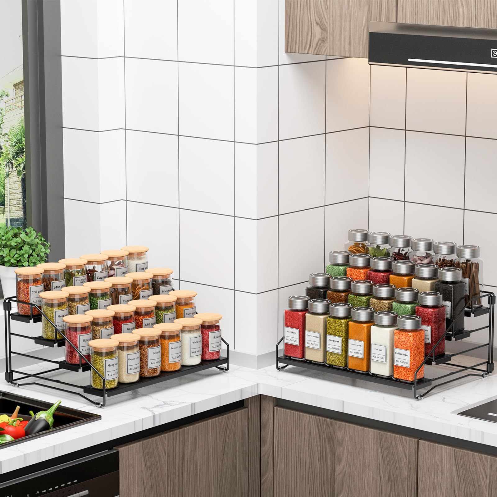 Rangement Epices Cuisine, Organisateur de Placard 4 Niveaux, Étagère à Étpices de Extensible pour Placard, plan de travail, Cuisine, Porte-Épices en Métal, Noir Lot de 2