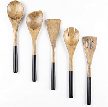 5 PCS Wooden Spoons for Cooking Natural Teak Kitchen Utensils Set Smooth Non-Stick Surface Cooking Utensils Set Soft Comfort-Grip Wooden Spatula Set