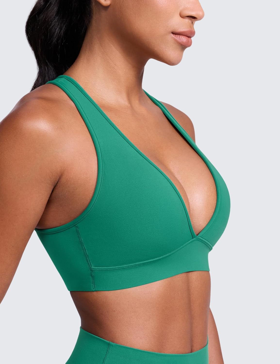 CRZ YOGA Butterlift Deep V Neck Sports Bras for Women - Padded Gym Wide Straps Cut-Out Cross Back Crop Pilates Workout Top
