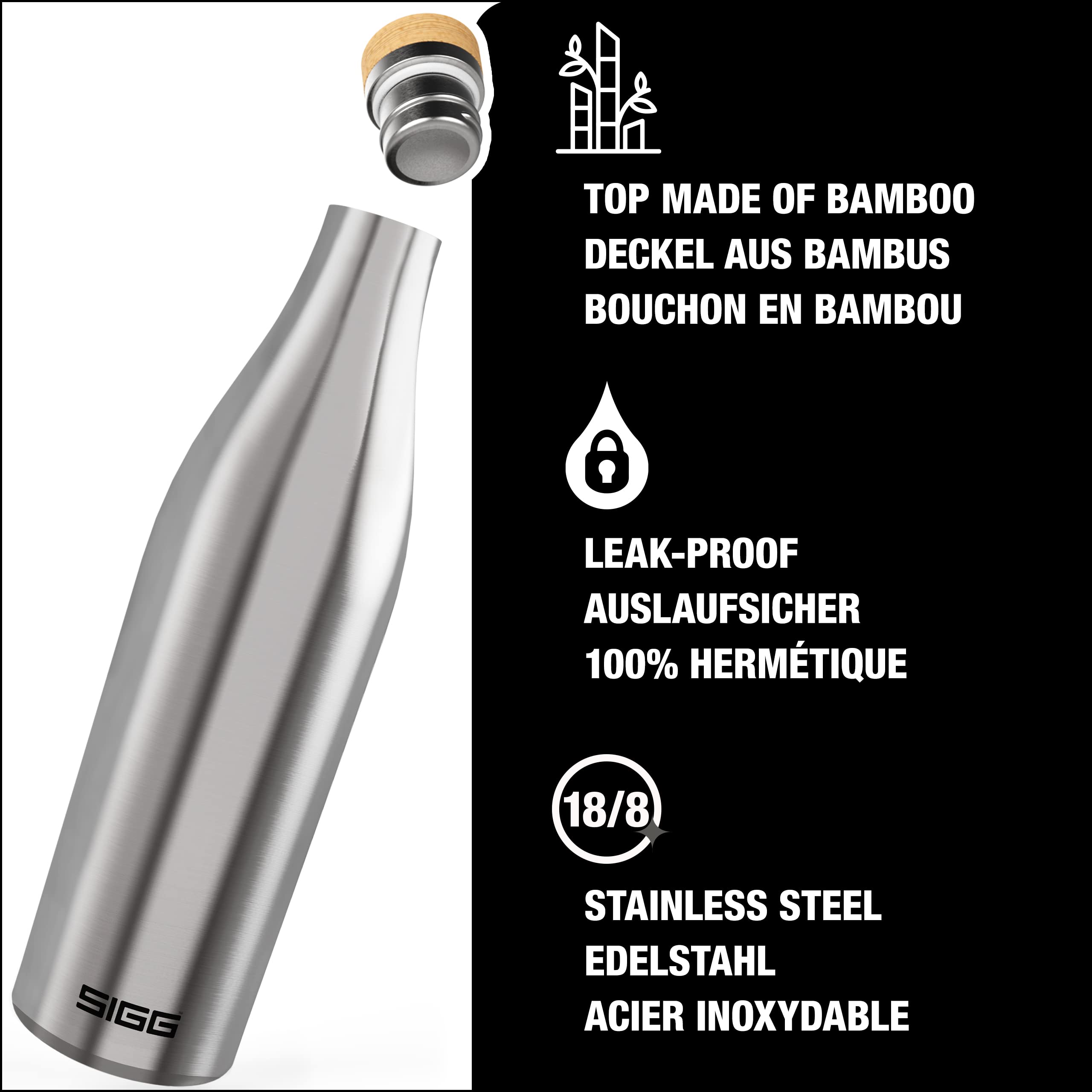 Sigg - Borraccia Termica - Meridian - Ermetica - Extra Slim - Senza BPA E Plastiche - Doppia Parete in Acciaio Inox 18/8 - Tappo A Vite in bambù - 0,5L / 0,7L