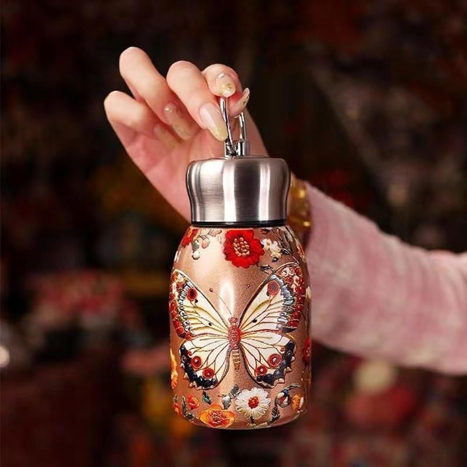 Luteti Stainless Steel Small Water Bottle 300ML, Stylish & Portable Mini Insulated Thermos Cup, Butterfly Pattern Water Bo