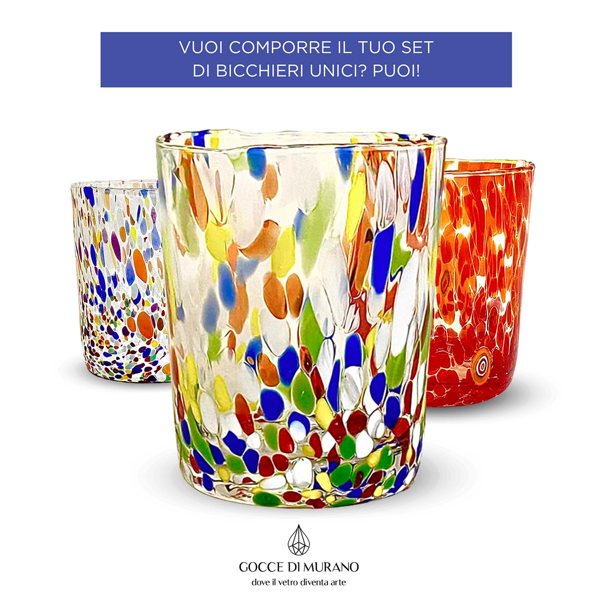 Gocce di Murano Un vaso de lluvia arco iris de cristal de Murano soplado 300 ml hecho a mano colorido paquete 2 copas de agua elegante y precioso (multicolor, 2)