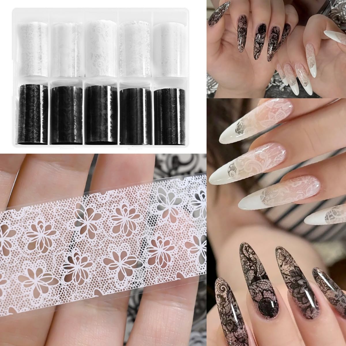 Nail Foil Art Kit, Lace Nail Art Foil Transfer Stickers Black White Flower Foil Transfers Sticker Decals, Foil Transfer Gel Soak Off Salon DIY 15ML(0.5 fl.oz)