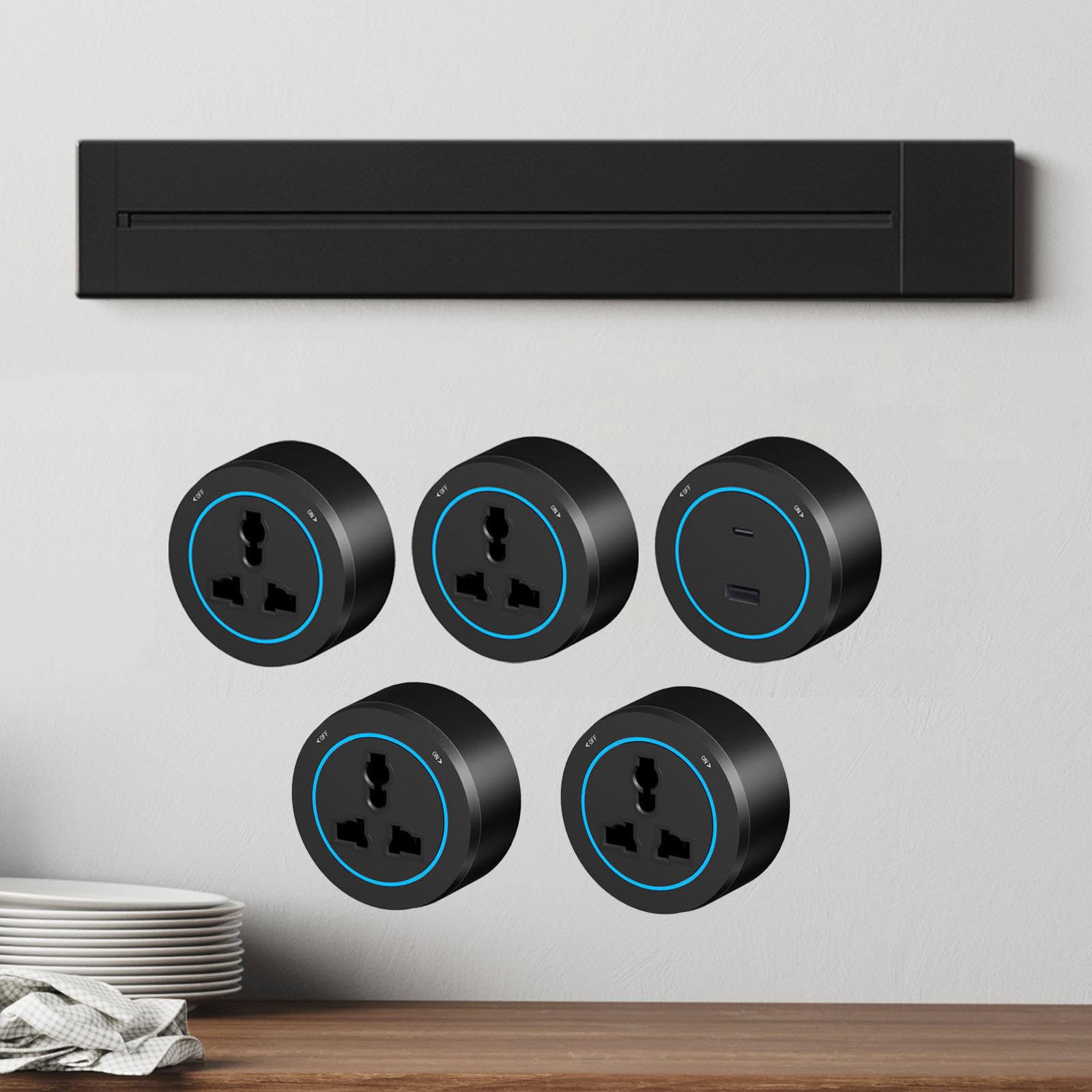 Gniazdo Szynowe Z Przełącznikiem(Szyna + 4 Gniazda Uniwersalne + 1 Gniazdo USB) Uniwersalne Gniazdko Kuchenne 8000 W, Biurowe, Przesuwne,Wyjmowane,Gniazdko ścienne Z Wieloma Wtyczkami Black-40cm