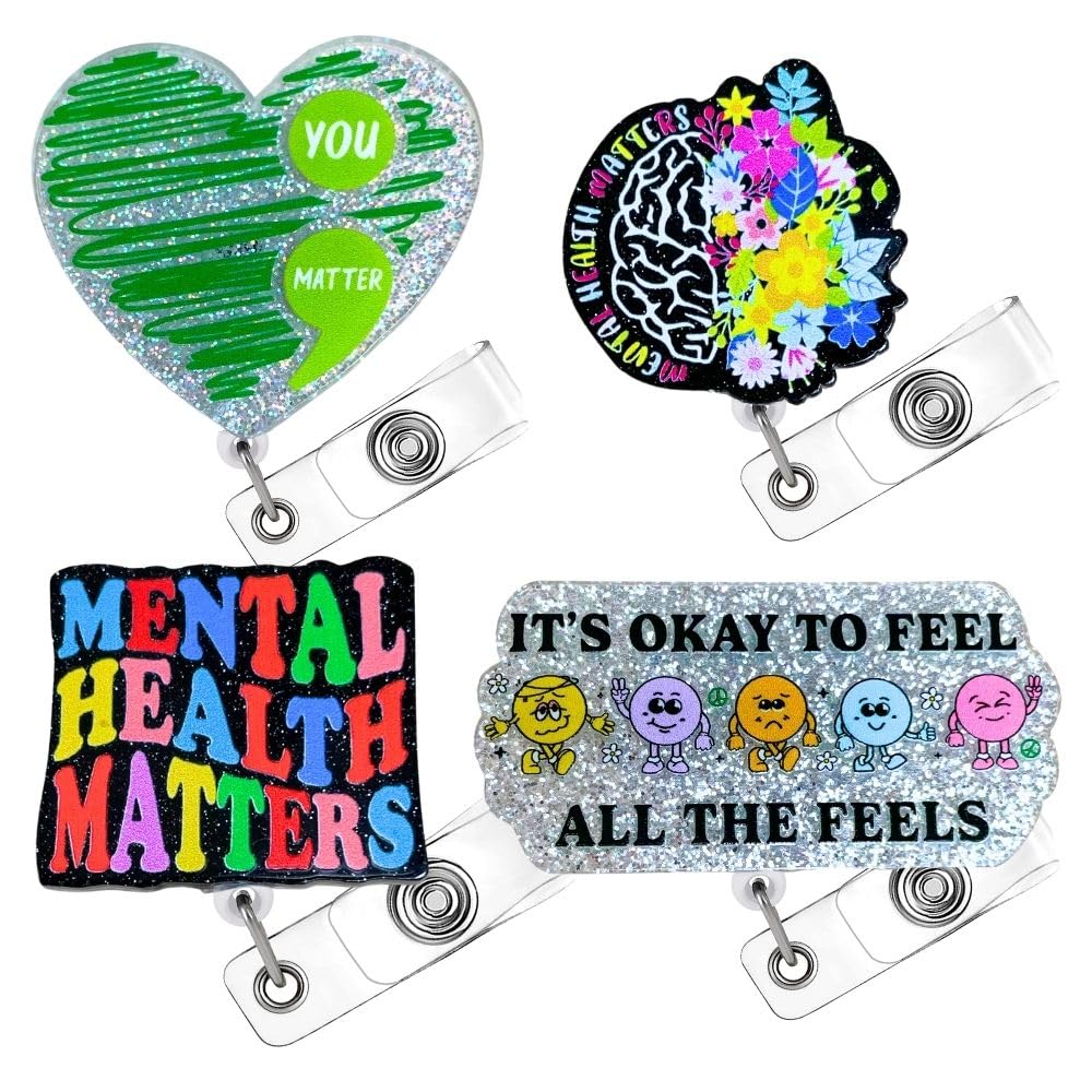 4PC Mental Health Matters Badge Reel Awareness Social Work Worker Medical Nurse Badges Clip Holder Retractable Funny Cute It’s Okay to Feel All Feels