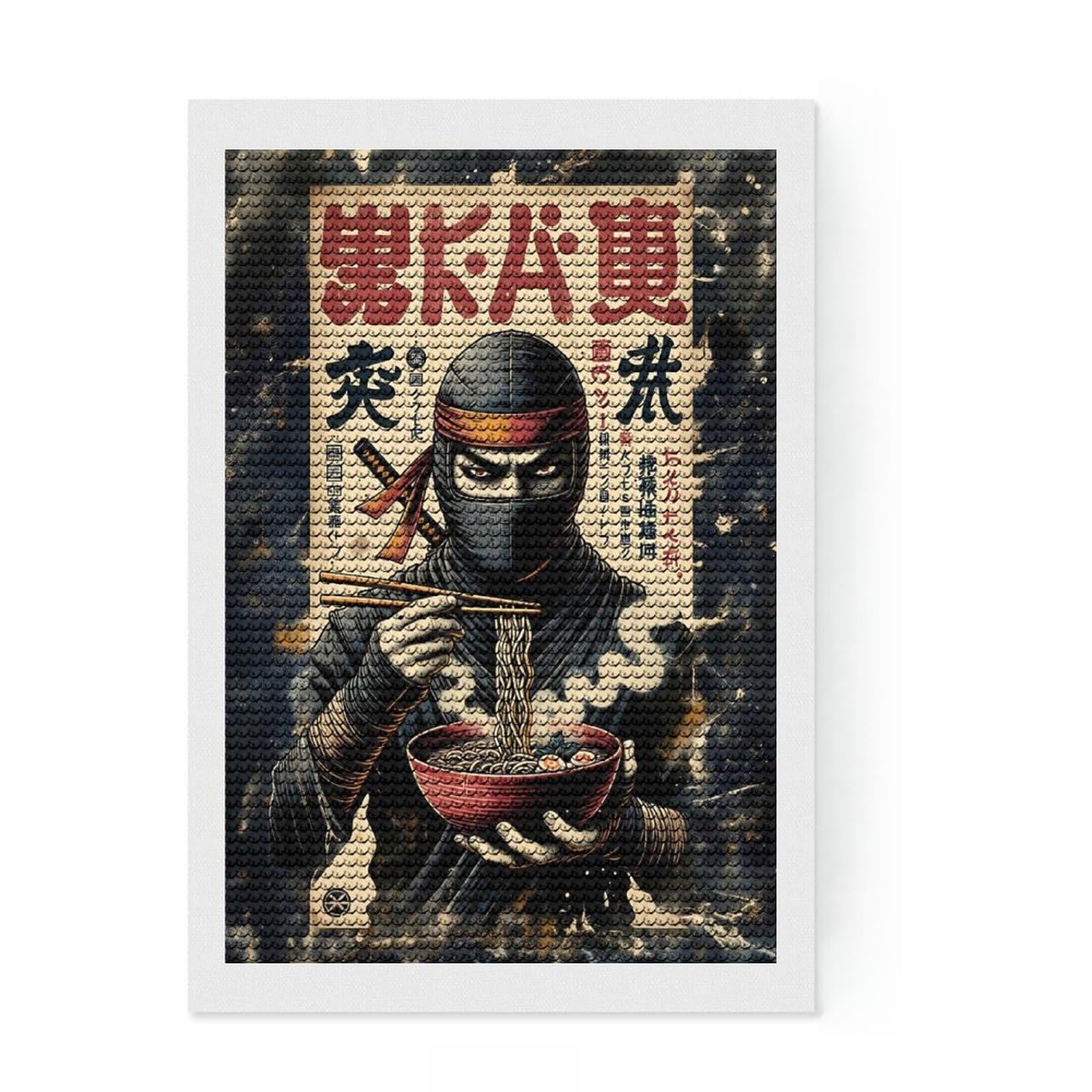 Junmoney Ninja Eating Ramen Japanese Art Diamond Art Canvas 8"x12", for Beginners, Easy to Enjoy, Cosy Home Accent, Christmas Gift, Enjoyable At-Home Hobby