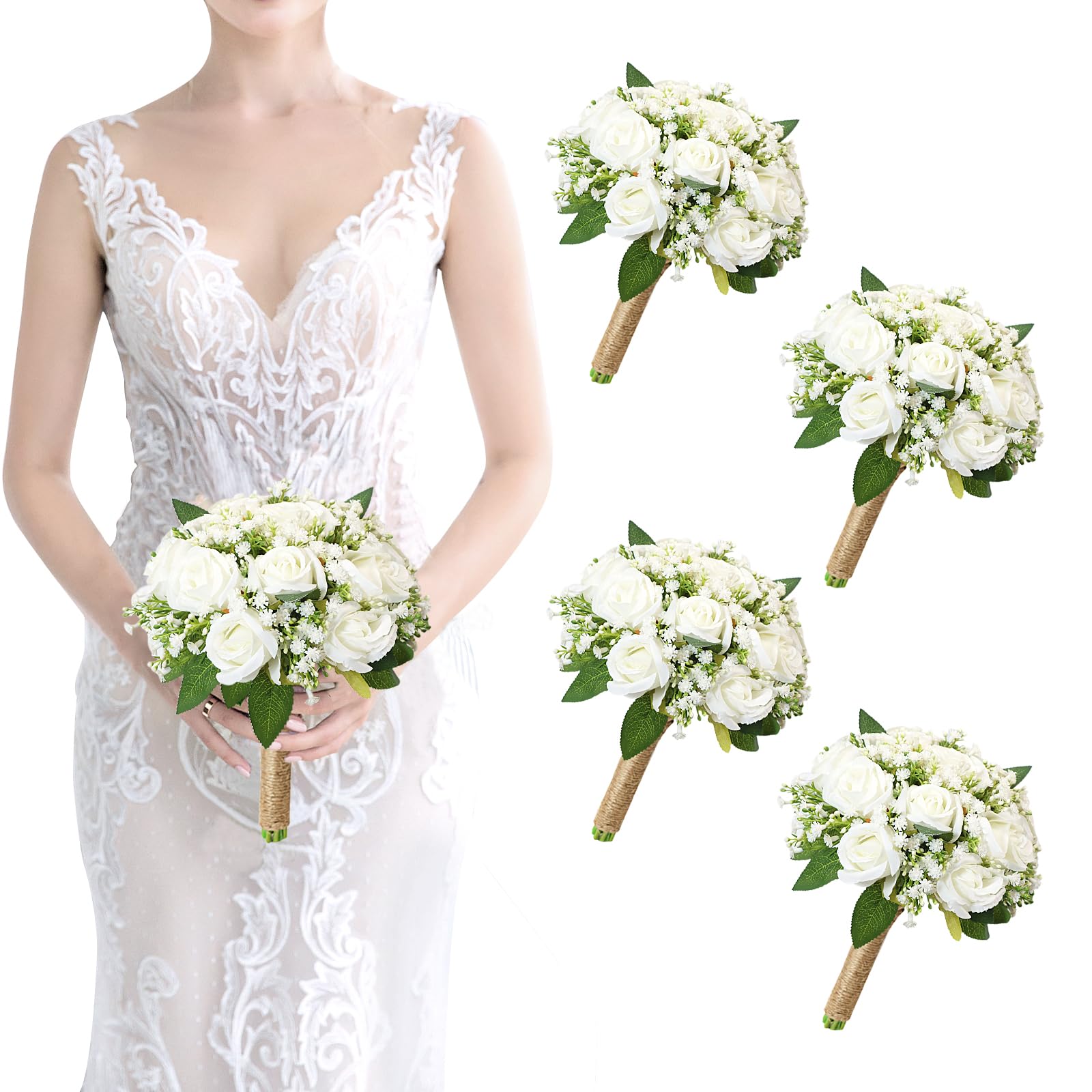 SEMONONIA set of 4 white and sage green bridesmaid bouquets